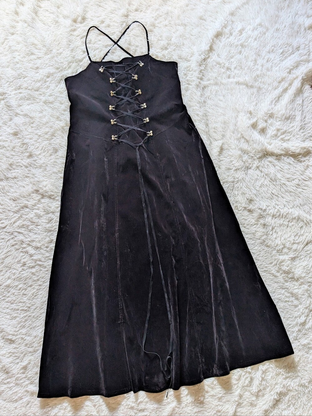 90s Lip Service Black Velvet Silver Hook Lace Up Vintage Gothic Corset Gown 14